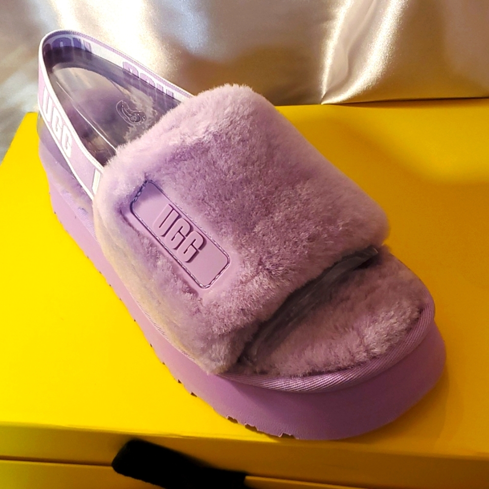 Ugg Disco Platform Slide Slingback Slippers Fluffy Shearling In Lilac